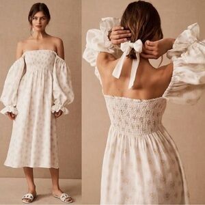 Sleeper Strapless Cream Dress with Puff Sleeves